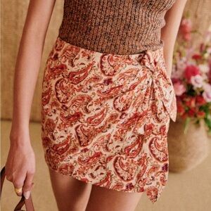 Sezane Paisley Tie-Front Mini Skirt in Red & Cream 36